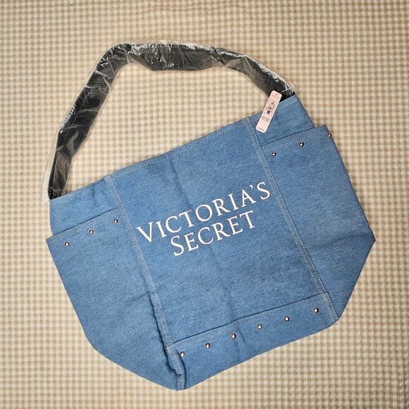 Victoria's Secret Hey Angel Light Denim Studs Metallic Rose Gold Weekender Tote - Picture 2 of 11